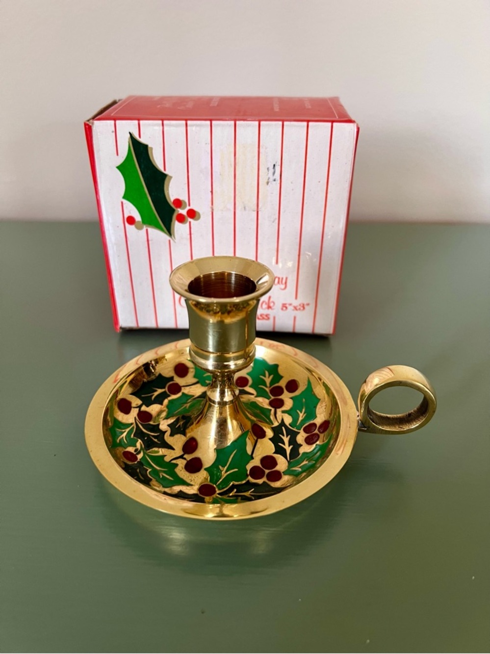 Solid Brass Chamber Stick Candle Holder Christmas Decor Holiday Painted Holly.
